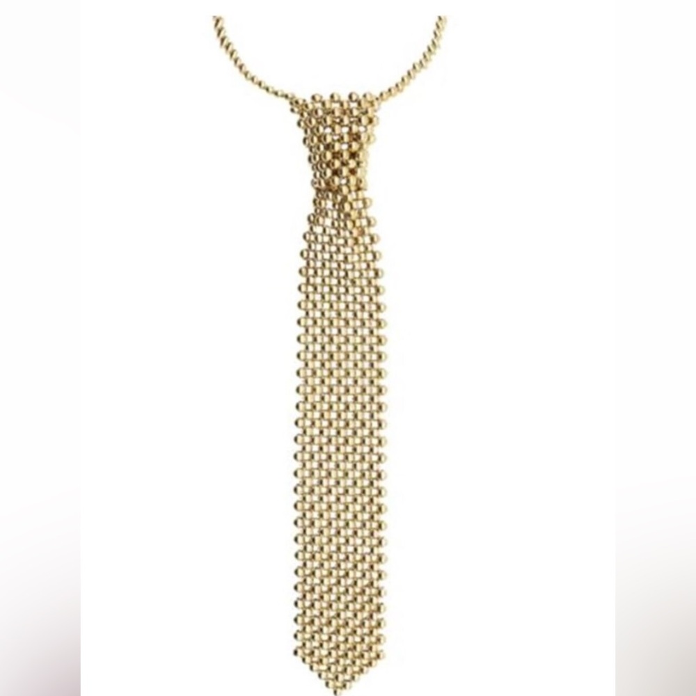 Gold Tone Pearl Neck Tie Necklace Handmade Woven Statement Jewelry